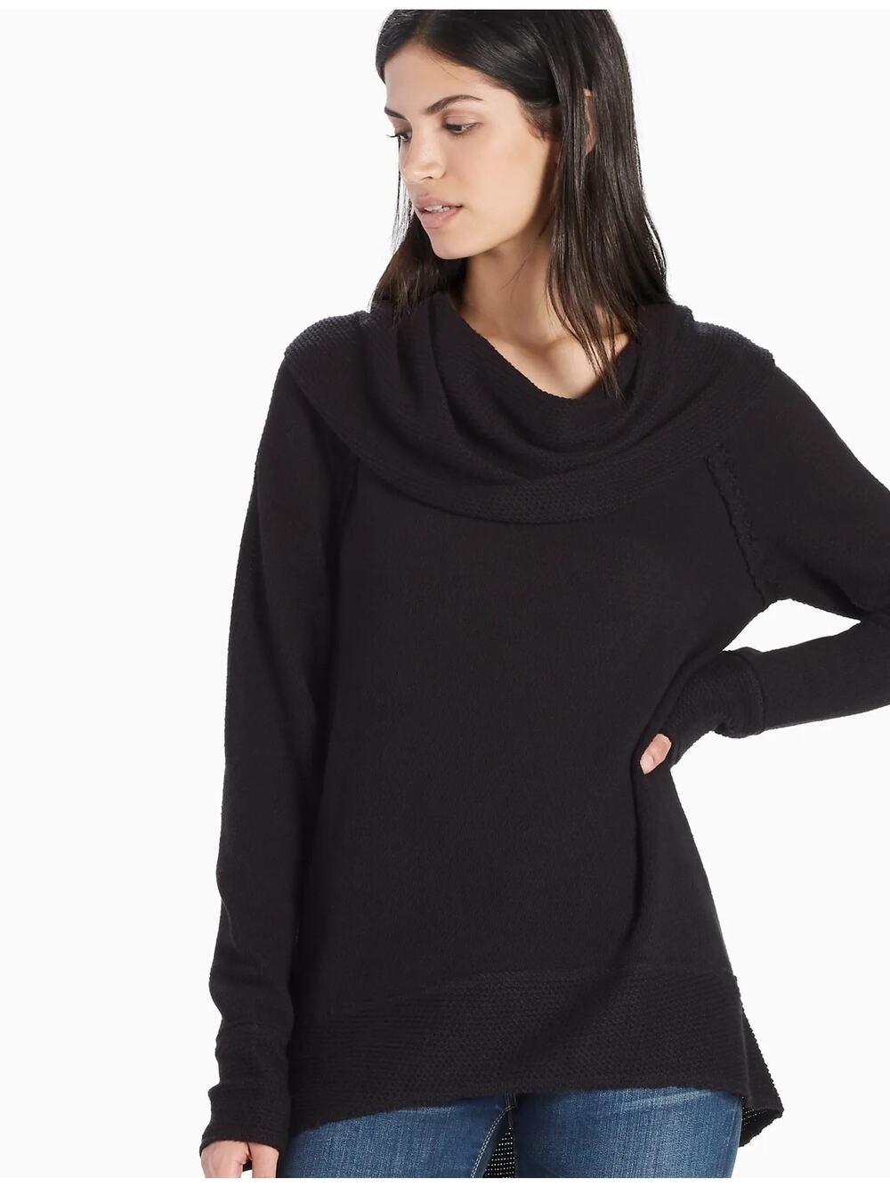 Lucky Brand Black Knit Pullover Top Cowl Neck Long Sleeve Waffle Knit Size M